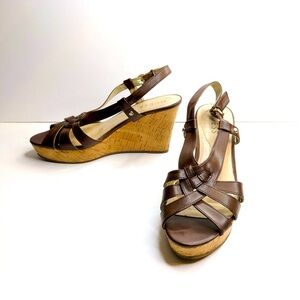 Guess Brown Strappy Cork Wedges Womens 7.5 Vegan Leather Platform Sandals